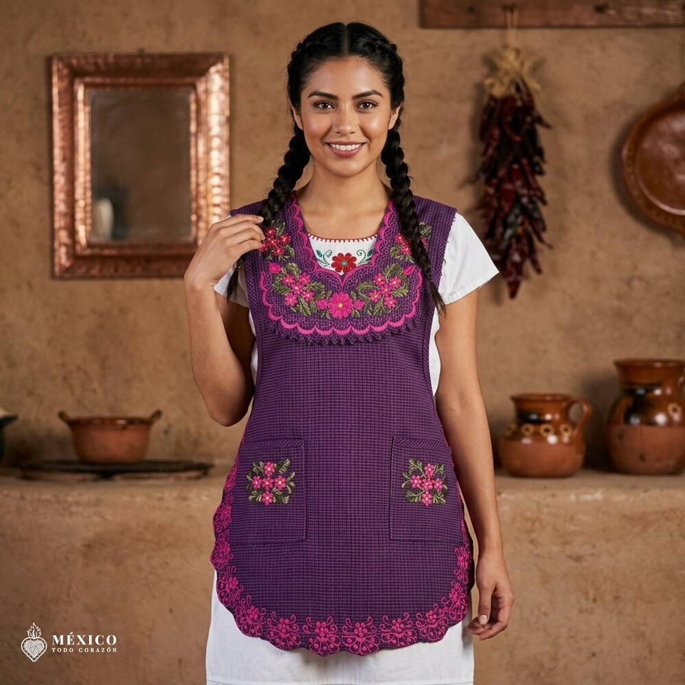 Mexican Embroidered Smock Apron – Floral Traditional Design